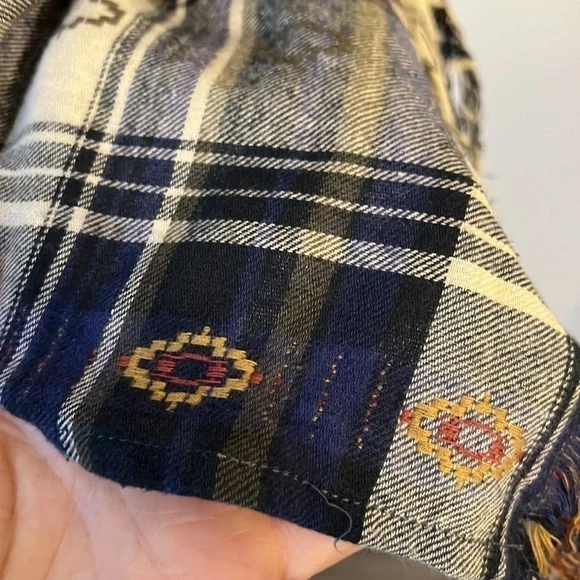 En Creme Blue Blue Plaid Open Front‎ Crinkle Draped Fringe Cardigan M ♣️ - Picture 4 of 6